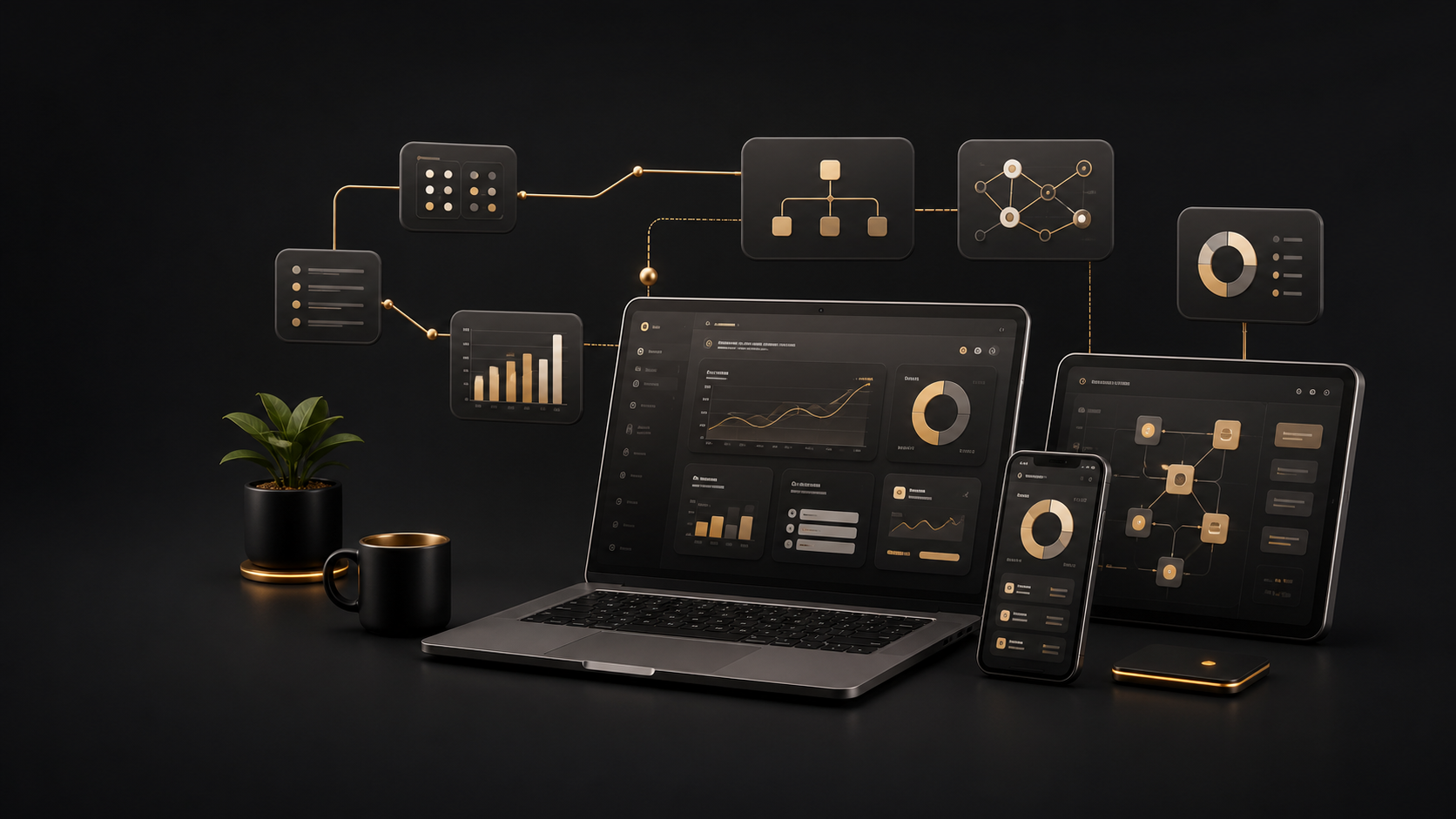 Ecossistema digital ForgeLabs com dashboards, interfaces e automações