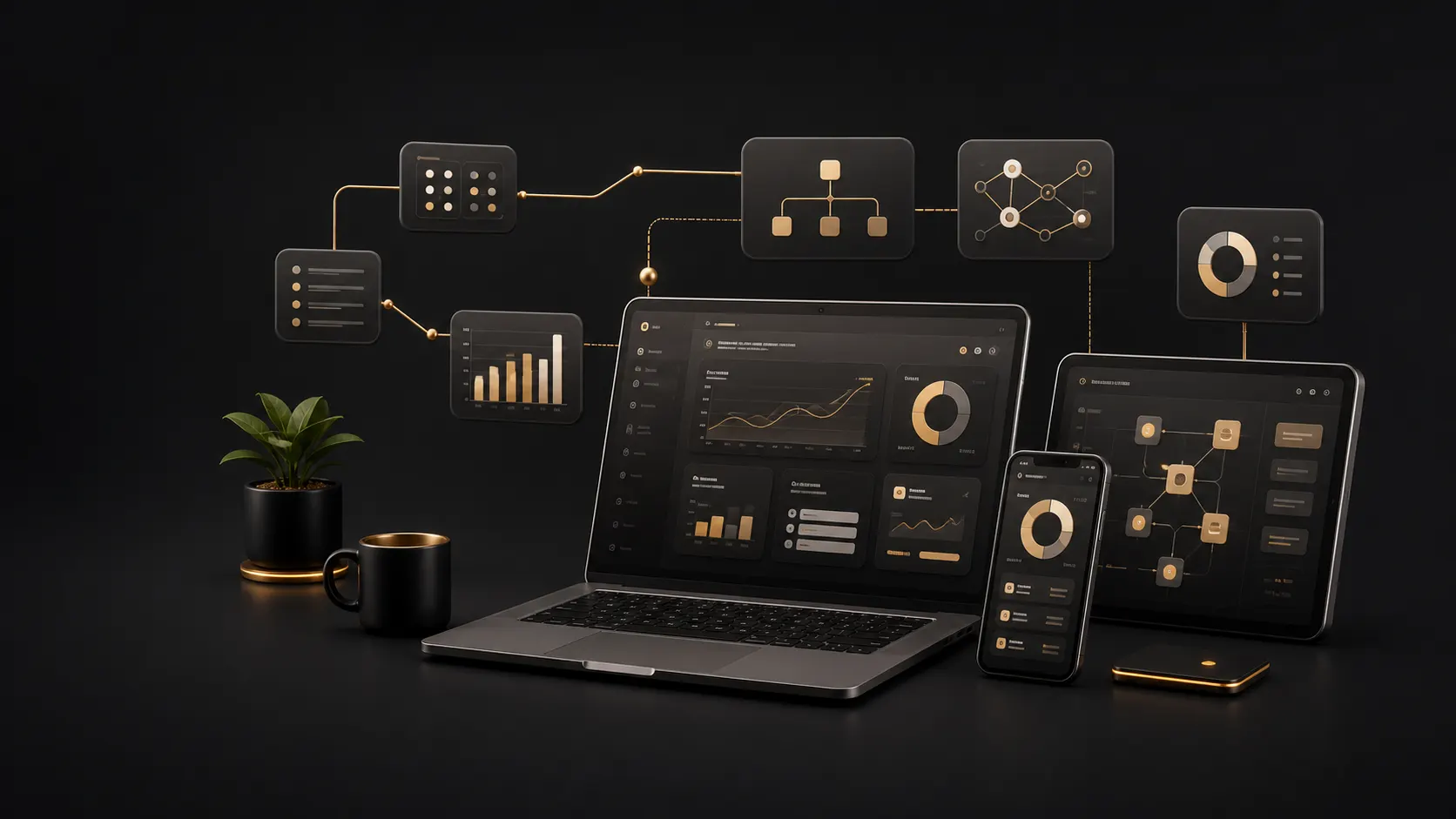 Ecossistema digital ForgeLabs com dashboards, interfaces e automações