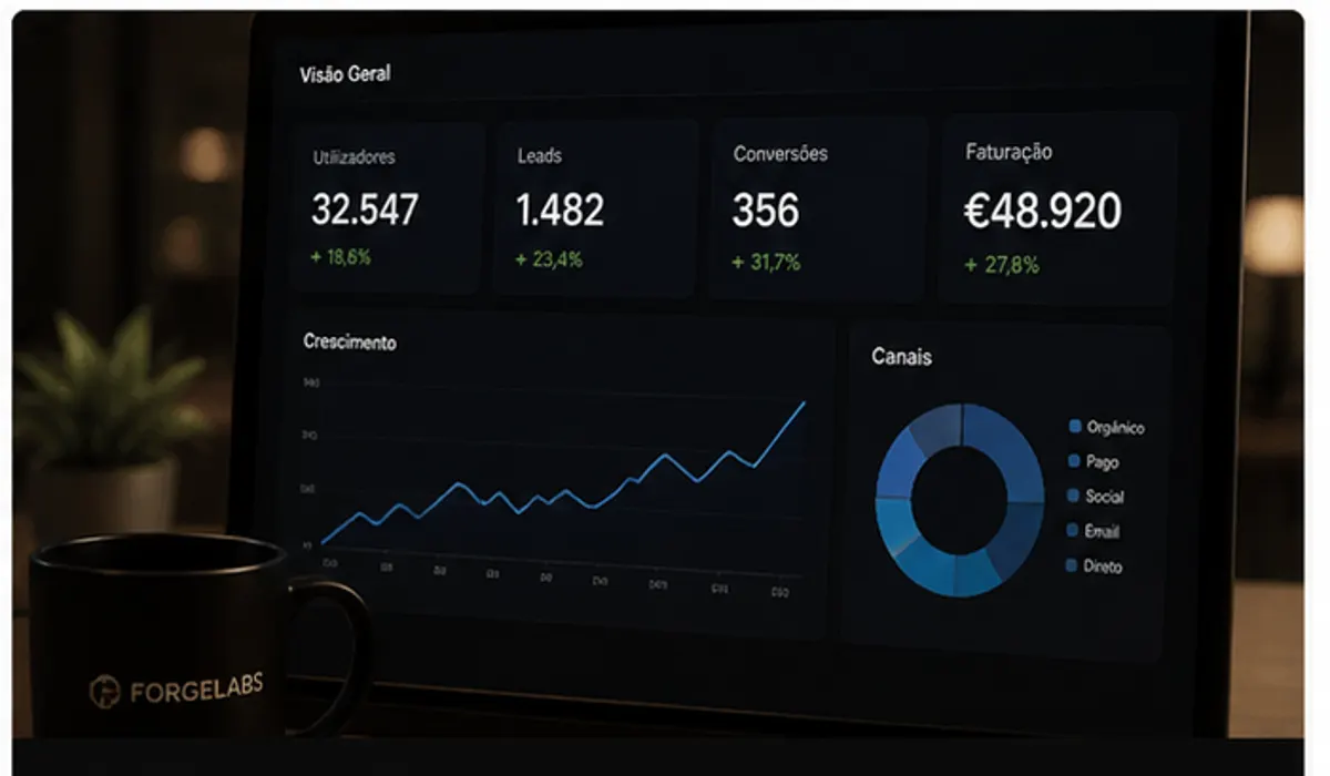 Escala com indicadores de crescimento, leads e conversões