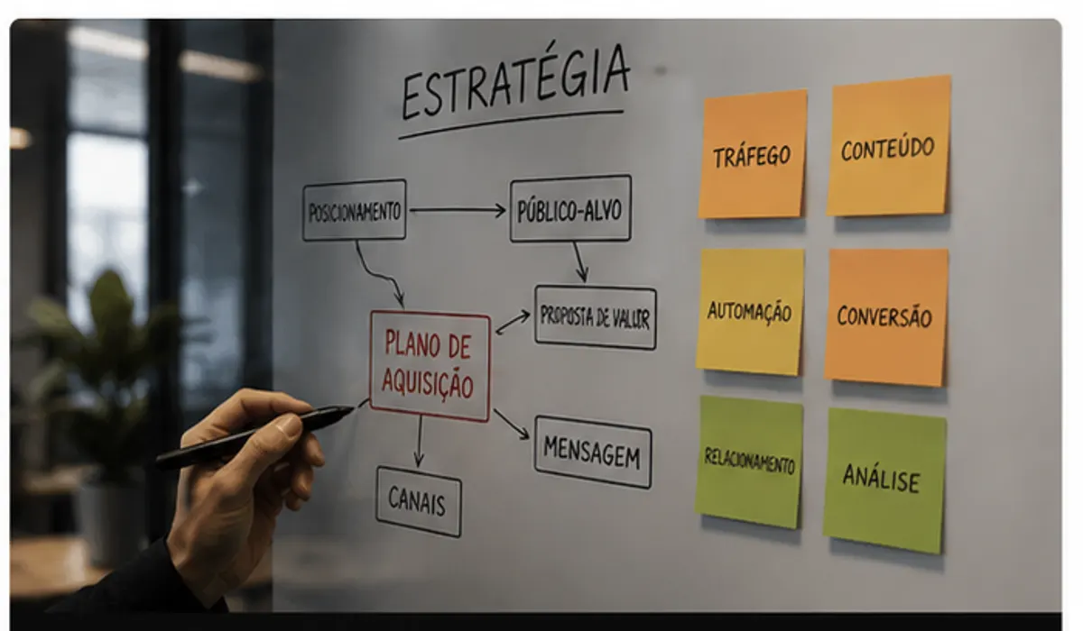 Estratégia de aquisição e crescimento desenhada em quadro estratégico